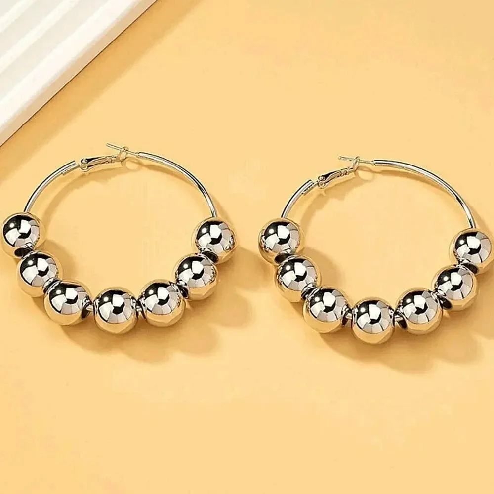 Silver Hoop Ball Statement Earrings